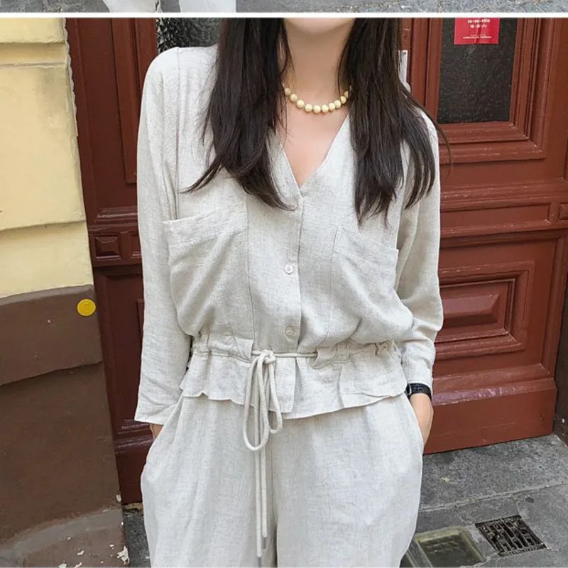 

Korea Long Sleeve Jumpsuit women's ruffled patchwork Drawstring waist casual straight jumpsuit 2020 korean style0AA3