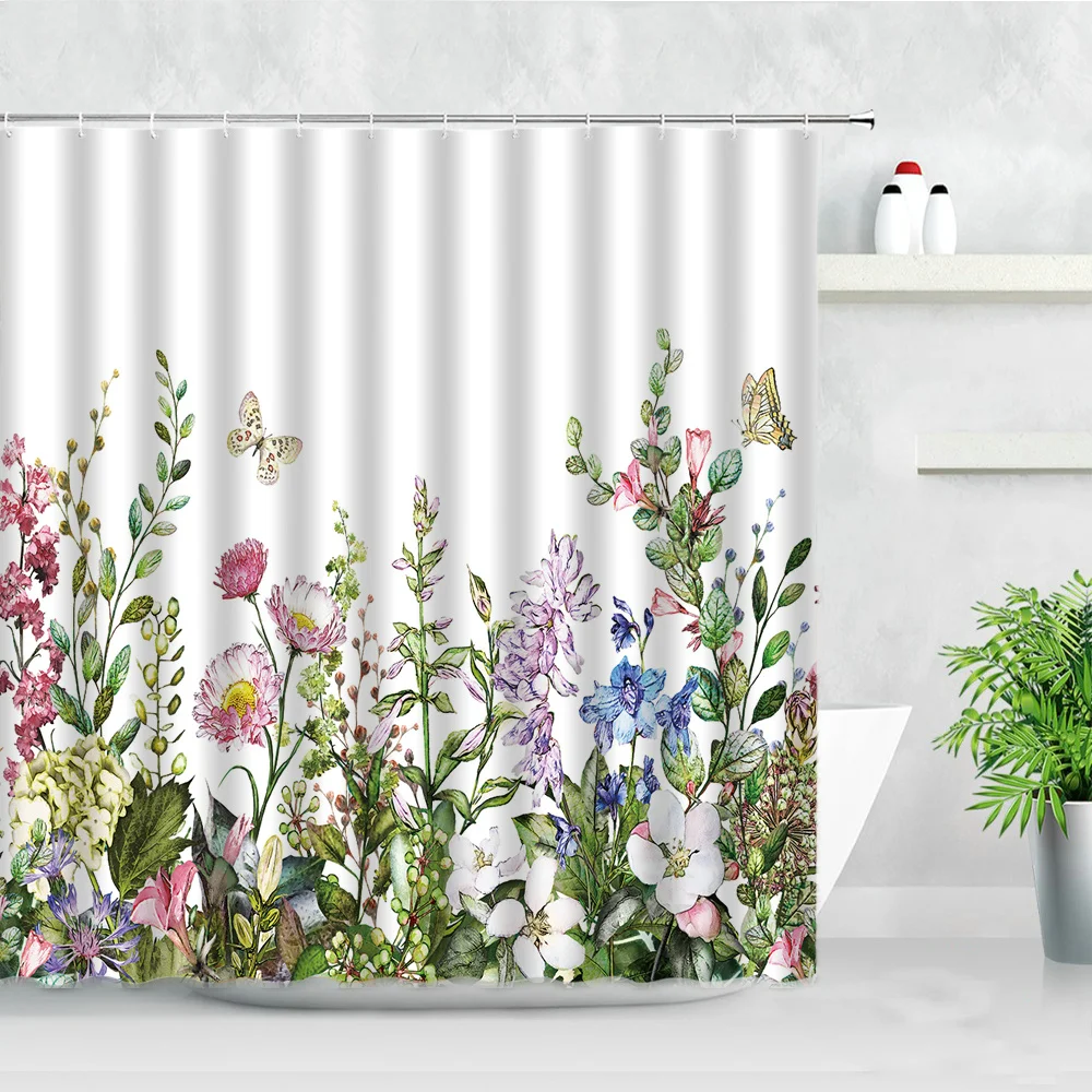 natural floral shower curtains flowers green leaf butterfly water color art nordic modern waterproof bathroom decor curtain sets free global shipping