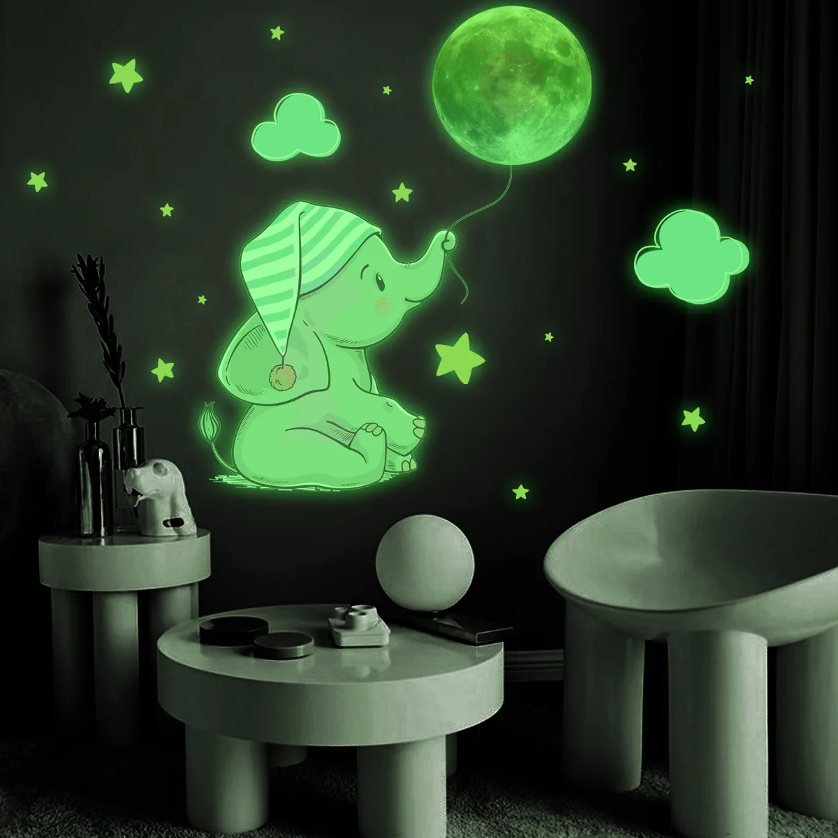 Luminous Moon Elephant Wall Stickers Cartoon Fluorescent Decals Glow In The Dark Stickers For Kids Room Nursery Home Decoration