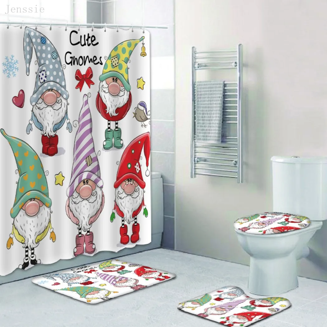 Offerte Tema Natalizio Cartone Animato Tessuto Tende Da Doccia Set Di Tende Da Bagno Tappeti Antiscivolo Coperchio Del Coperchio Tappetino Set Di Tappeti Decorazioni Per La Casa
