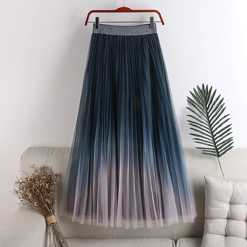 

Длинная юбка из фатина, элегантная трапециевидная школьная Юбка-миди с градиентом, с завышенной талией, в Корейском стиле, весна 2021