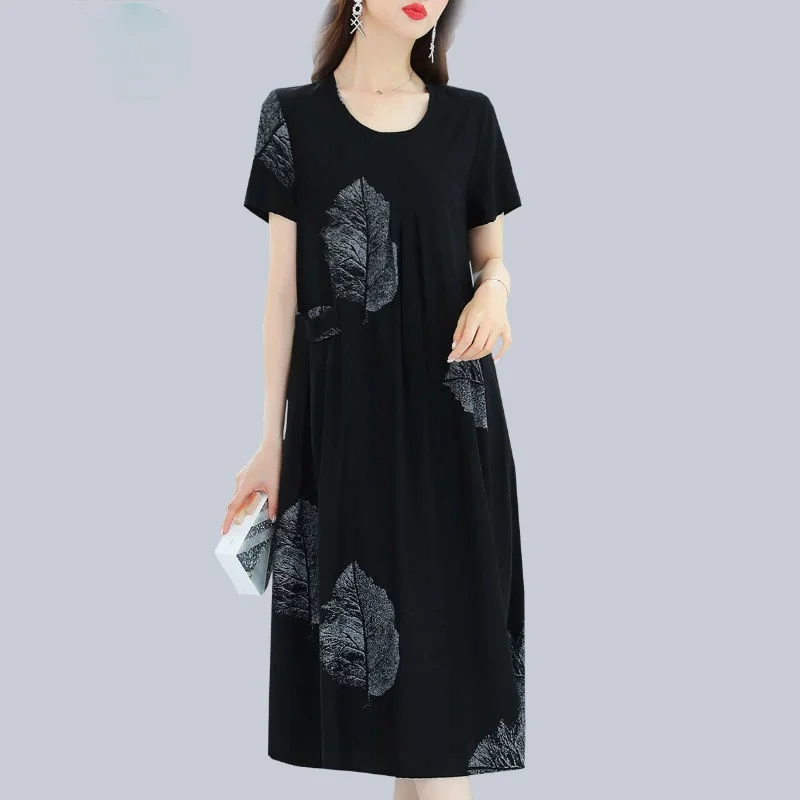 

Women 2021 Summer New Fashion Middle-aged Printed Dress Female O-neck Long Dresses Ladies Thin Loose A-line Vestidos W71