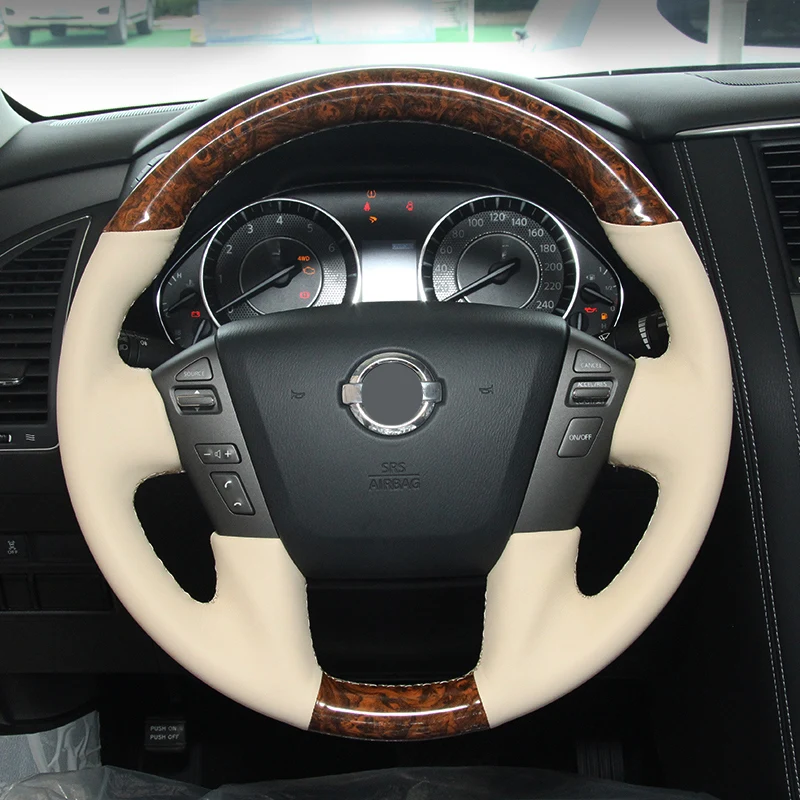 

For Nissan PATROL Patrol Y62 DIY hand-stitched mahogany leather car steering wheel cover