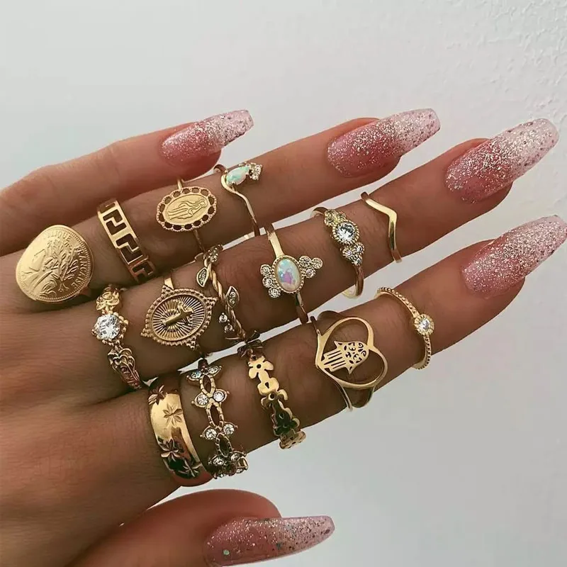 

15pcs Punk Gold Wide Chain Rings Set For Women Girls Fashion Irregular Finger Thin Rings Gift 2021 Female Knuckle Jewelry Party