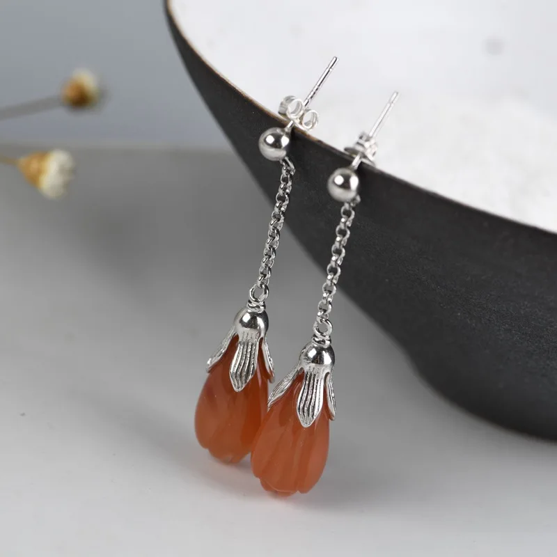 

FNJ Red Agate Flower Earrings 925 Silver 100% Pure Original S925 Silver Sterling Drop Earring for Women Jewelry