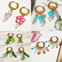 elegant pearl stainless steel hoop earrings for women candy color flower acrylic geometric beads chunky earrings jewelry new