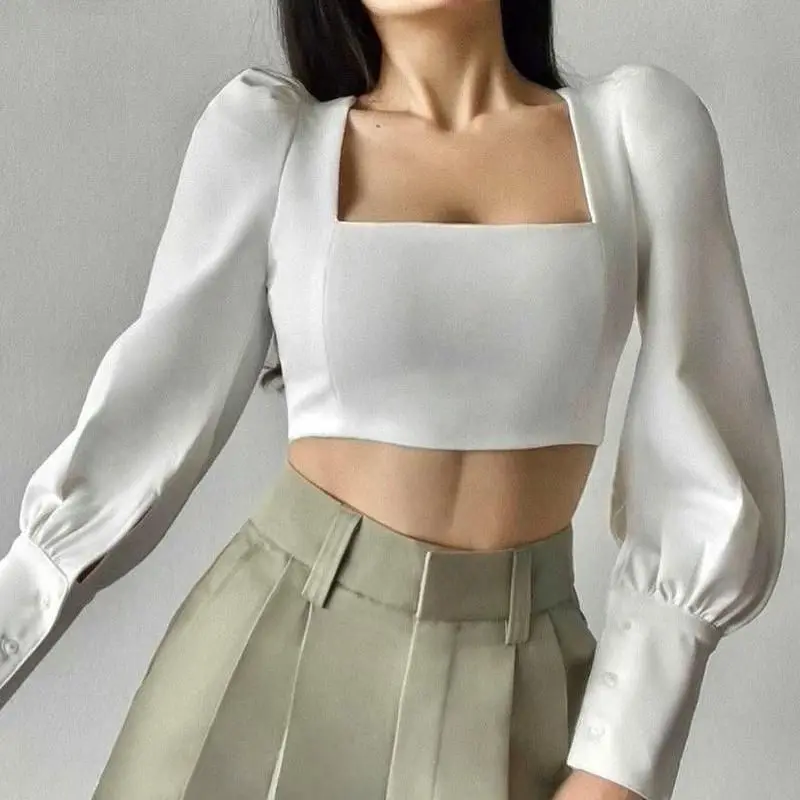 

Square Collar Elegant Bodycon Womens Blouse White Slim Puff Sleeve Tops Office Lady Shirt Autumn Spring 2021 New