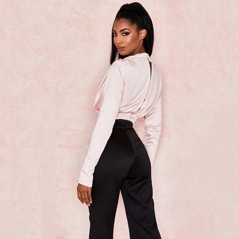 

UpAvonu 2020 New Double-layer Elegant Office Stretch Bodysuit Women Long Sleeve Workwear Open Back Sexy Round Neck Jumpsuit