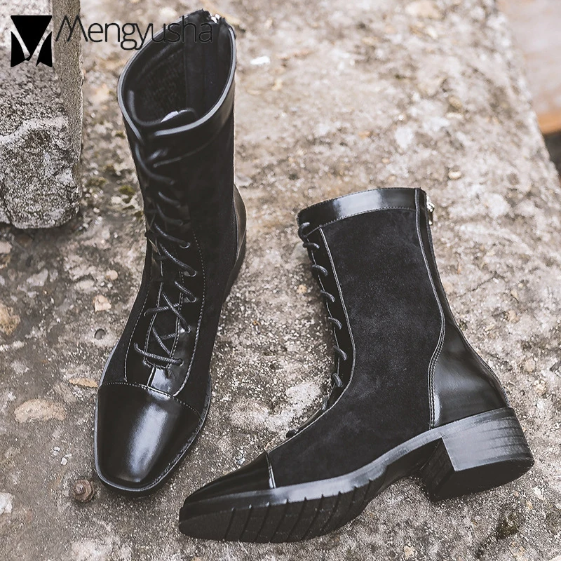 Женские мотоциклетные ботинки со шнуровкой до середины икры из искусственной