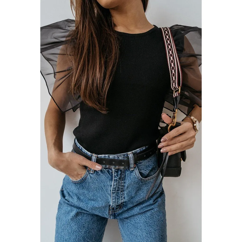 Элегантная пикантная блузка в рубчик с рюшами Женские Прозрачные топы и блузки