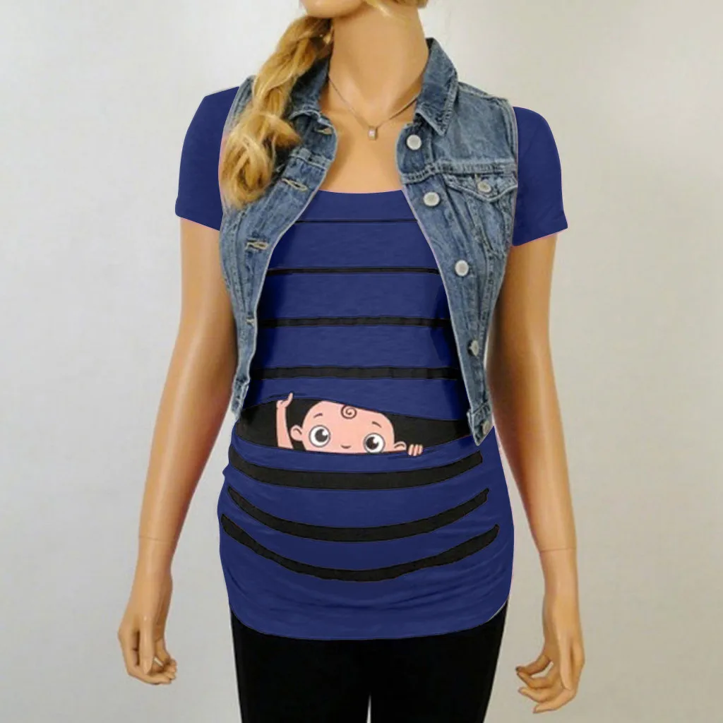 Милая забавная полосатая футболка с принтом для беременных коротким рукавом