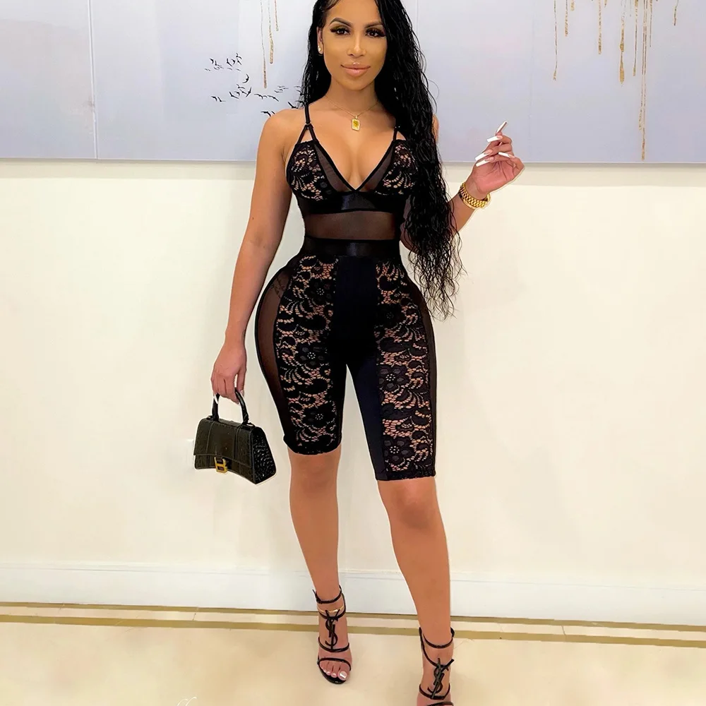 

2021 Summer New Stitching Lace Black Jumpsuit Women Black Off shoulder Sleeveless Jumpsuit
