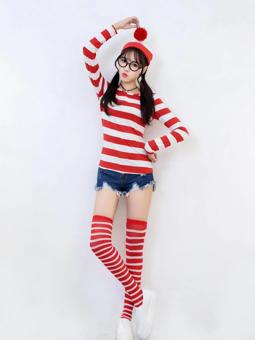 Where's Wally Wenda костюм рубашка в полоску + шляпа очки|Костюмы аниме| |