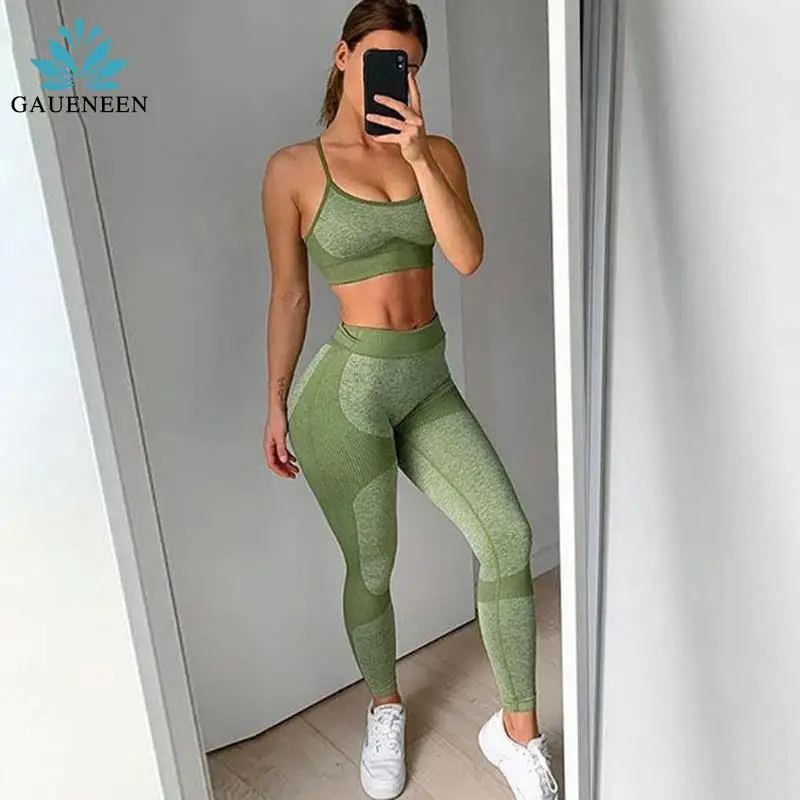 

GAUENEEN Seamless Yoga Set Sport Outfit for Woman Gym Fitness Clothing Padded Sports Bra High Waist Leggings Tights Activewear