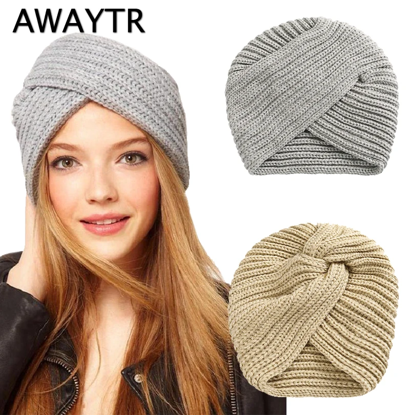 

AWAYTR Women Knitting Turban Headbands Cap Autumn Winter Warm Headwear Casual Elastic Turba Female Muslim Crossed ndian Hats