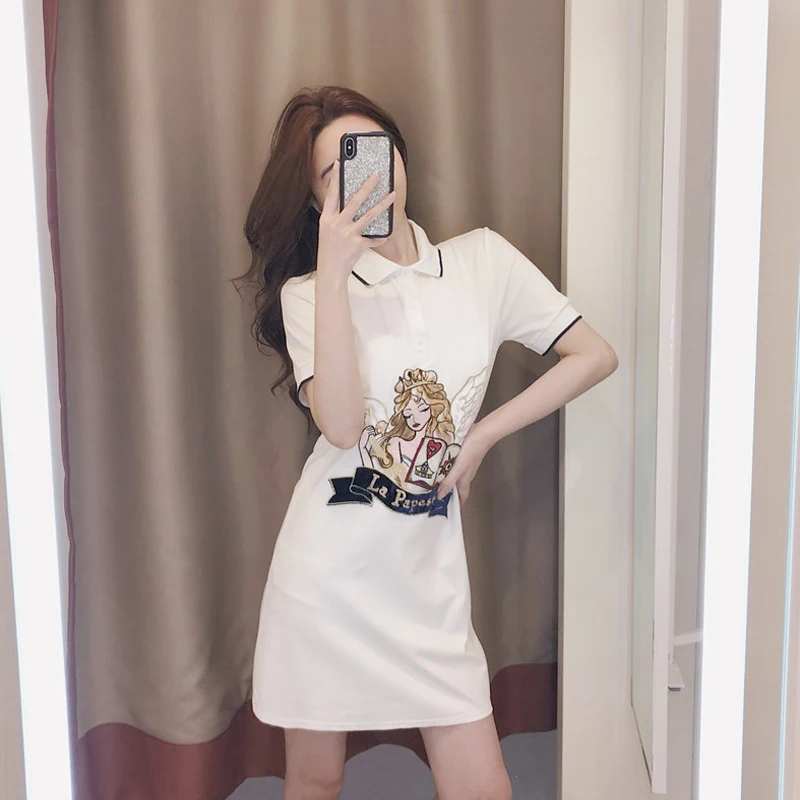 

Polo Collar Elegant Fairy Dress Women Summer Cartoon Pattern Printed Short Sleeve Mini Skirt Women bodycon Dresses
