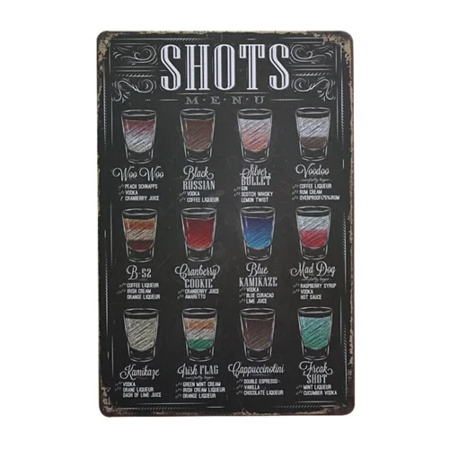 Выстрелы пиво коктейльное меню винтажный металлический жестяной знак постер Паб
