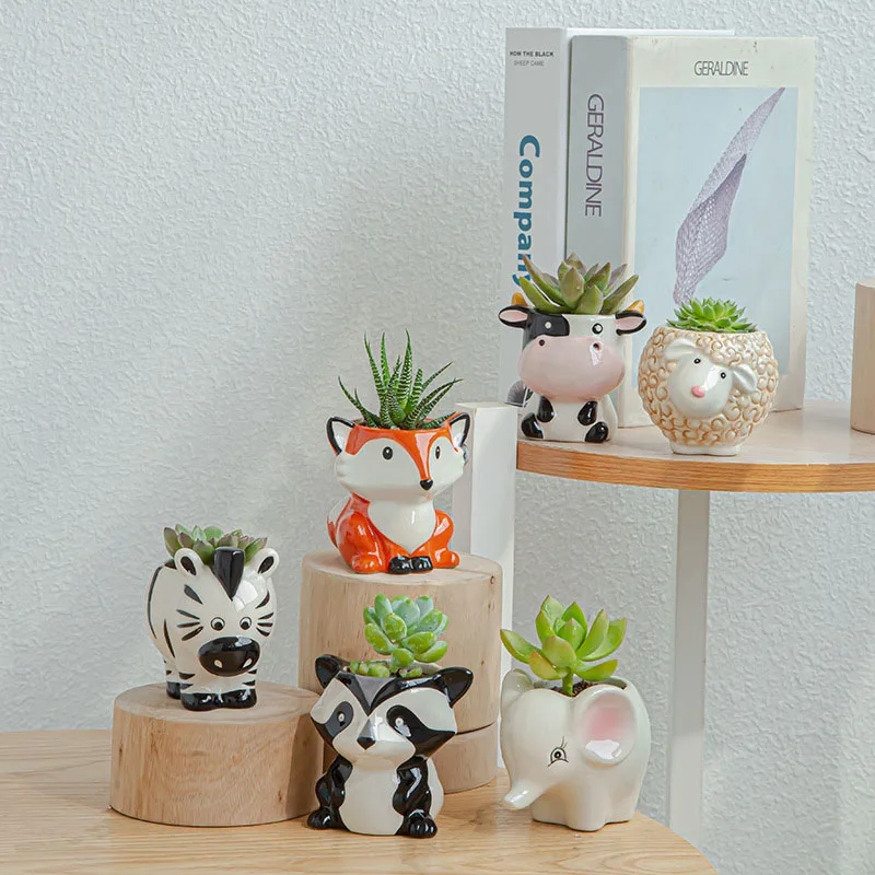 

6Pcs Animal Pot Ceramic Succulent Pot Garden Pot Succulents Pot with Drain Hole Home Desktop Decor KI