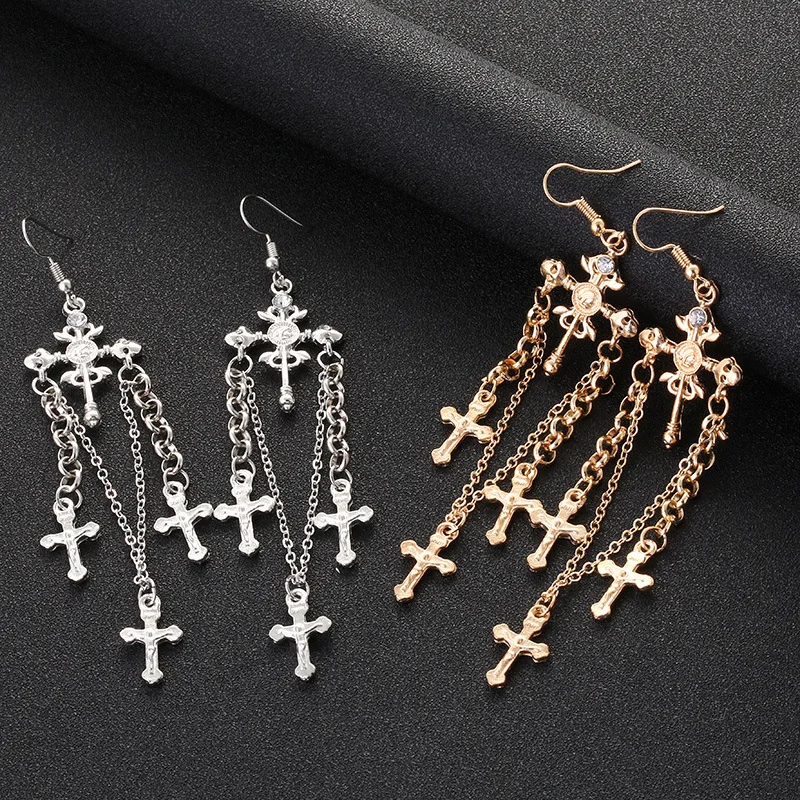 Design cross earrings 3 tassel pendant ladies punk fashion bohemian long 2019 European and American new |