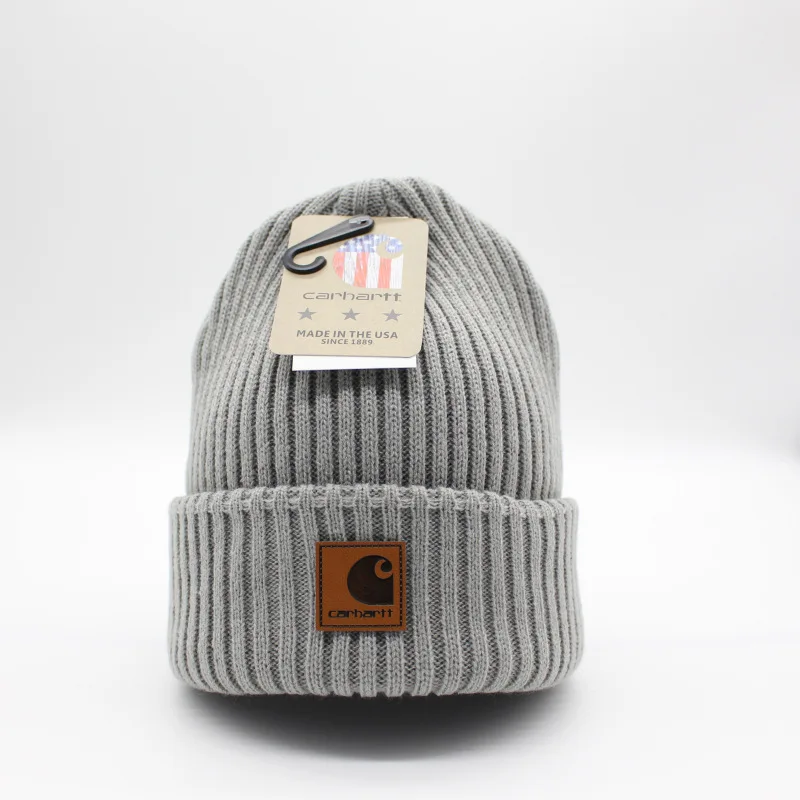 

Versatile Striped Leather Label Wool Hat Men and Women's Fashion Brand Knitted Hat Autumn and Winter Warm Ski Hat Pullover Hat