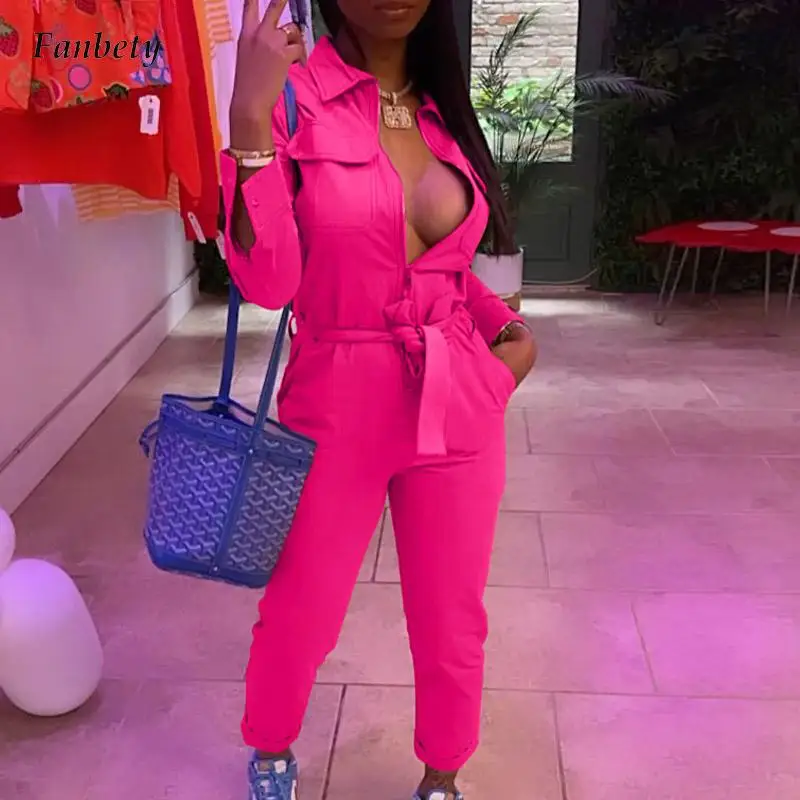 

Fashion Retro Women Solid Belted Jumpsuit 2021 New Elegant Zipper Cargo Pants Overall Playsuit Pocket Lapel Long Sleeve Romper