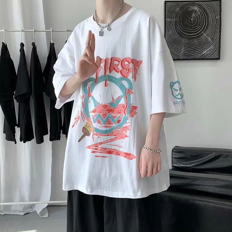 

Summer Hong Kong Style Ins Graffiti Short-sleeved T-shirt Male Large Size Loose Couple Half-sleeved Trend Harajuku Style Top