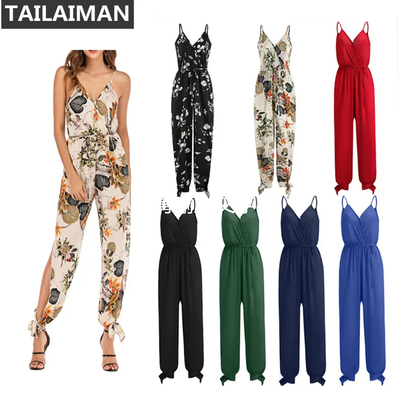 

Women's Sexy V Neck Halter Sleeveless Floral Printed Backless Overalls Casual Jumpsuit Romper One Piece Outfits Plus Size 2021
