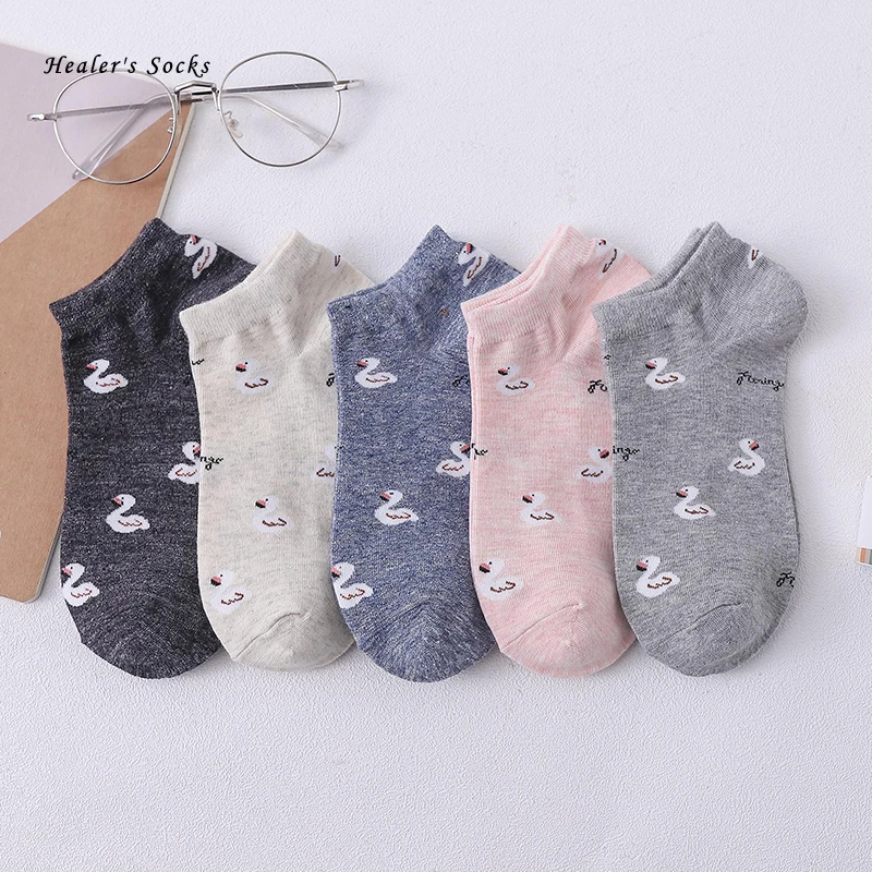 

Hot Fashion Women Socks Cotton Color Cartoon Pink Swan Harajuku Casual Japanese Animal Soft Cute Funny Happy Girls Short Socks
