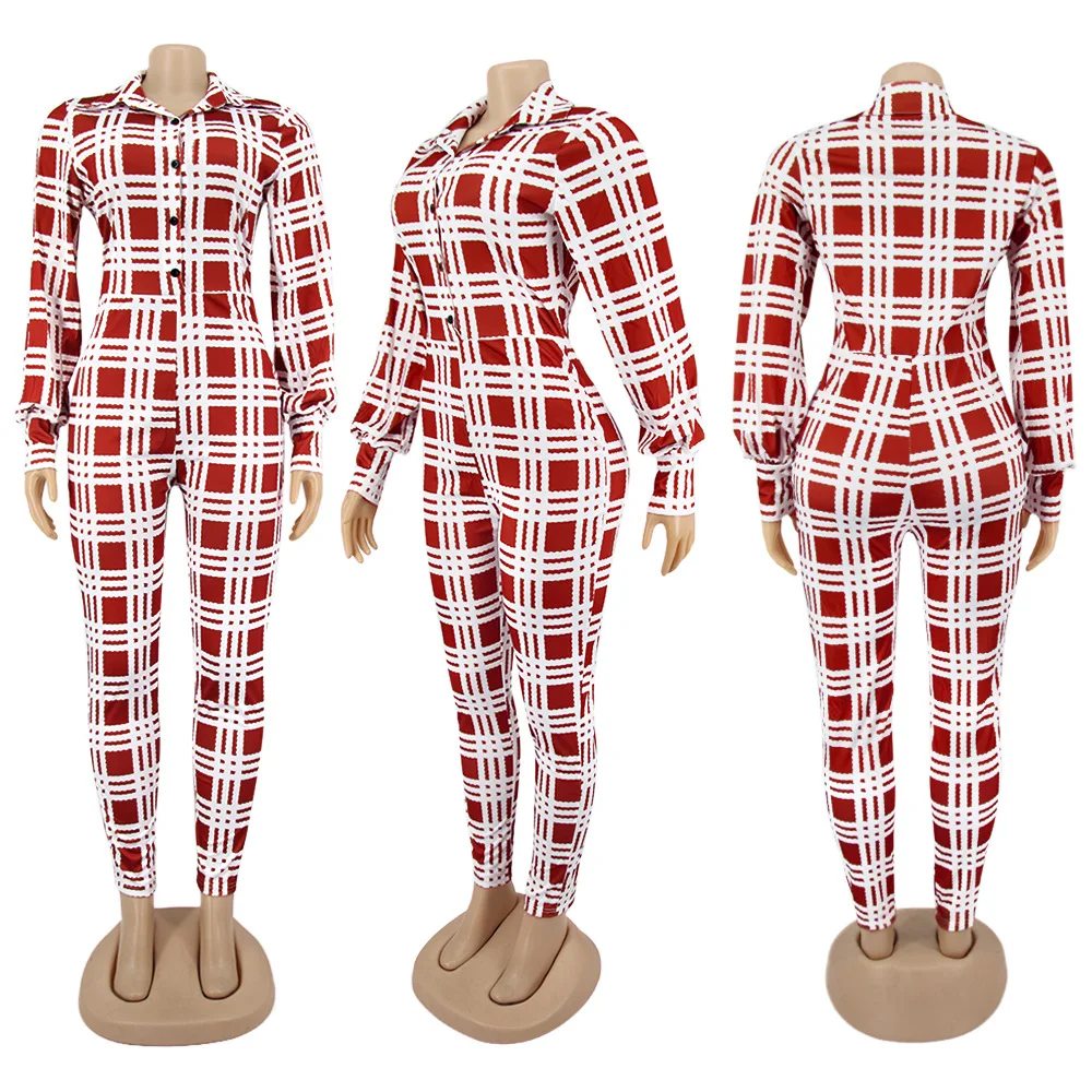 

New Arrivals Women Plaid Printing Jumpsuits Casual Lantern Sleeve Lady Autumn Turn-down Collar Single-breasted Skinny Rompers