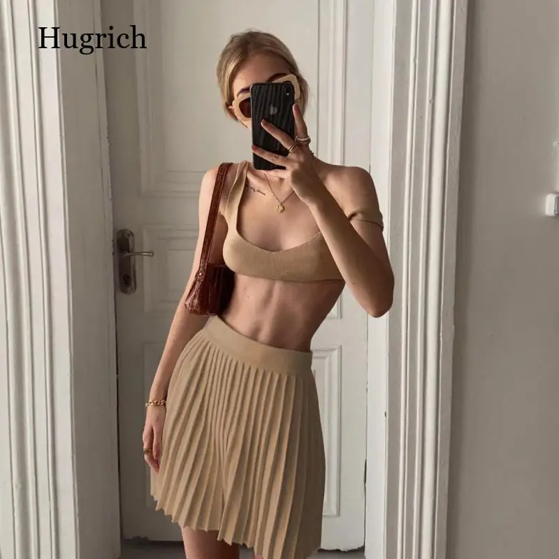 

2 Piece Set Knitted Women Ribbed Pleated Mini Skirt Sets Summer Sexy Bodycon Corset Top High Waist Beach Skirts Suit