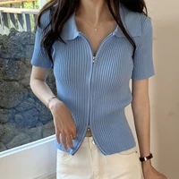 sweater femme slim short cardigan zipper elasticity women sweater knitted short sleeve 2021 summer korean fashion woman clothes