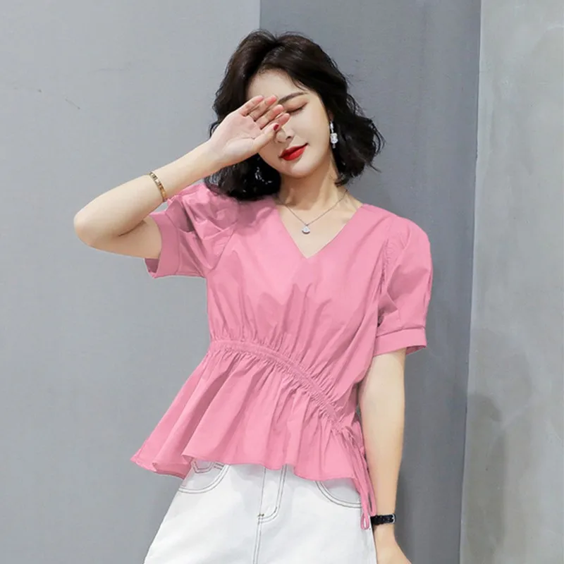 

Light language clothing women's summer 2021 new fashion brand V-neck short sleeve solid color fashion T-shirt h8477