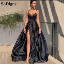 SoDigne vestido de noche sencillo de satén negro para mujer, vestido Sexy con tirantes finos, vestido de fiesta con Raja lateral, vestido Formal de Graduación (2)