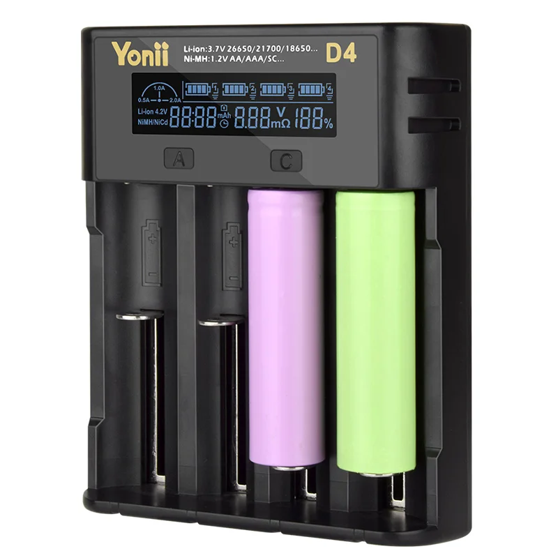 Yonii D4 ЖК 18650 Батарея Зарядное устройство 4 слота для 21700 26650 литиевая батарея AA AAA