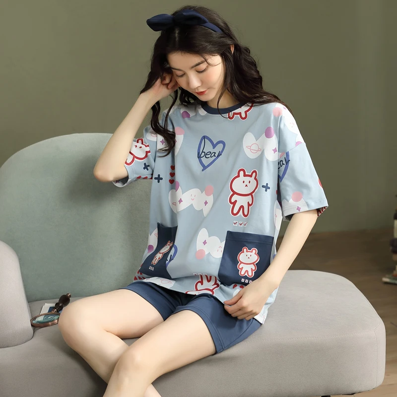 

Summer Cute Fashion Pajama Set for Women Short Sleeve Suit Pyjamas Leisure Home Clothes Nightwear cotton