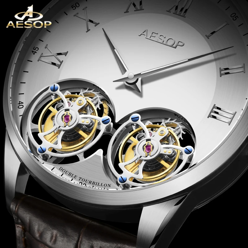 

AESOP Flying Double Tourbillon Men's Mechanical Movement Watches Male Skeleton Watch for Men Man Luxury Clocks montre homme luxe