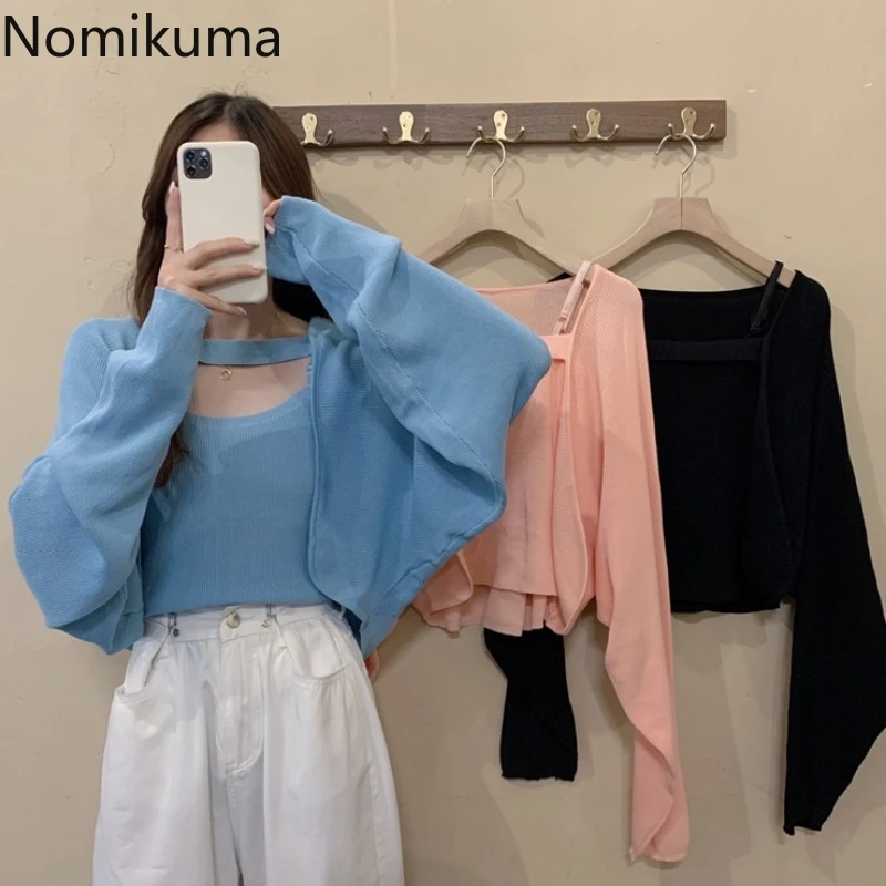 

Nomikuma Early Autumn Vintage Short Knitwear Solid Color Long Sleeve Sweater Two Piece Casual High Street Cropped Cardigans
