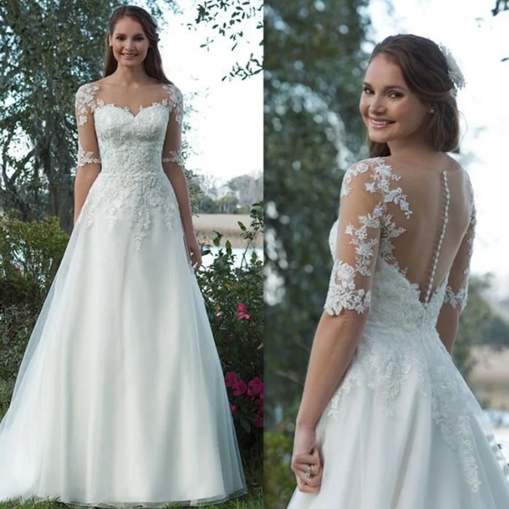 

Simple Wedding Dresses Tulle Appliques Pleat Bateau Half Sleeve Covered Button A-Line Bridal Gowns Novia Do Vestidos 2021