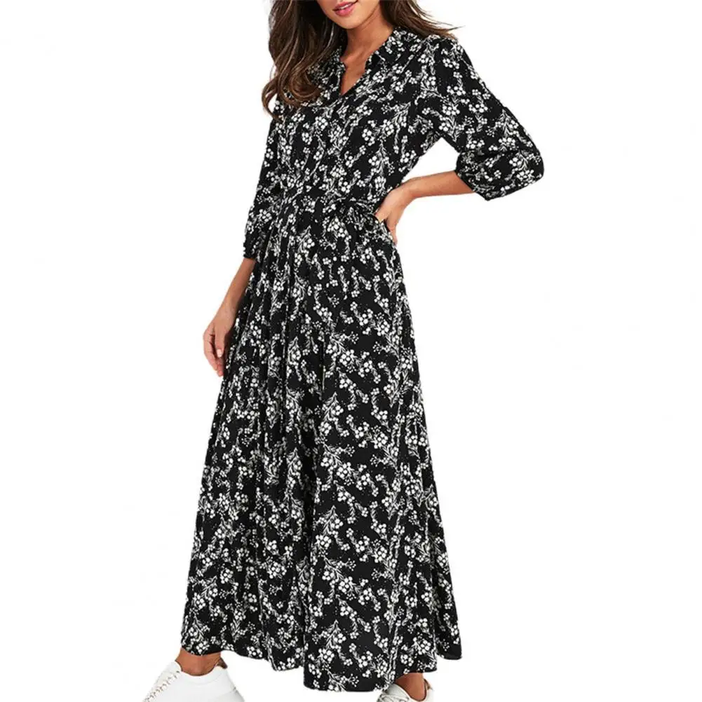 

Elegant Autumn Women Maxi Dress Floral Print Three Quarter Sleeve Turn Down Collar Belt Casual Dresses Party
