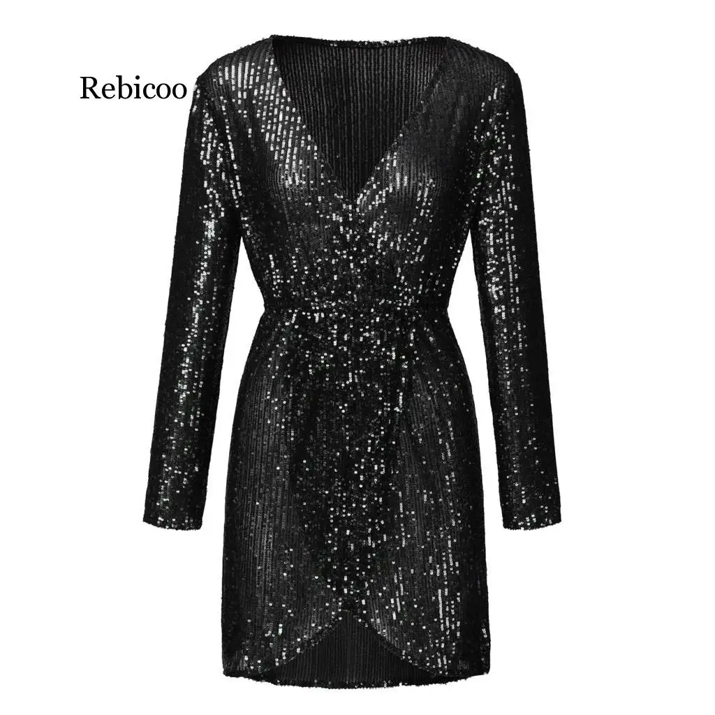 

Womens Dress Autumn Deep V -neck Long Sleeve Sexy Party Sequins Wrap Ruched Nightclub Slim Bodycon Women Mini Dress