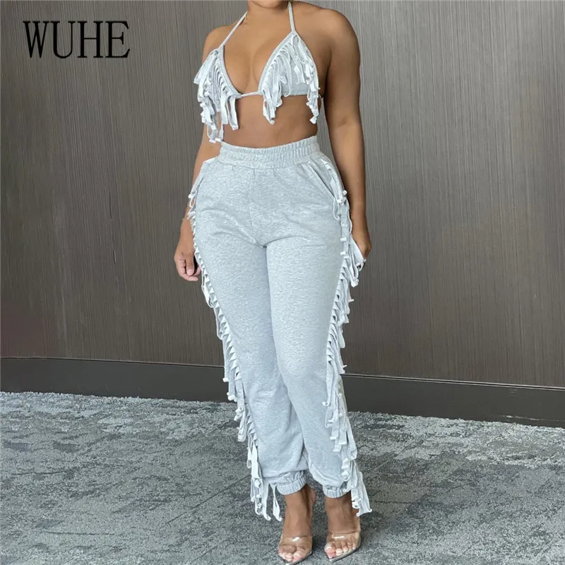 

WUHE Casual Outfits Halter Off Shoulder Sleeveless Sexy Open Back Top and Tassel Straight Trousers Streetwear 2 Piece Suits