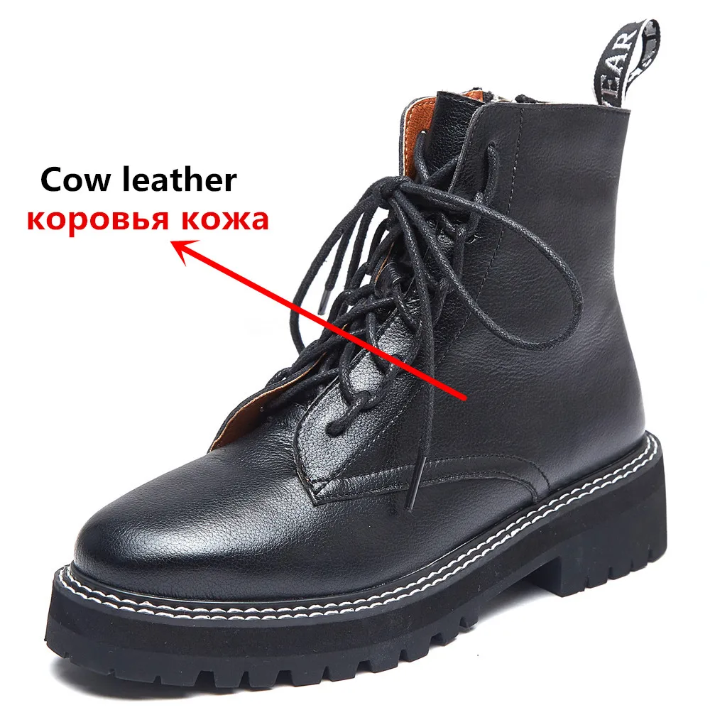 

2021 Genuine leather boots women shoes thick sole lace up autumn winter short ankle boots for women motorcycle boots