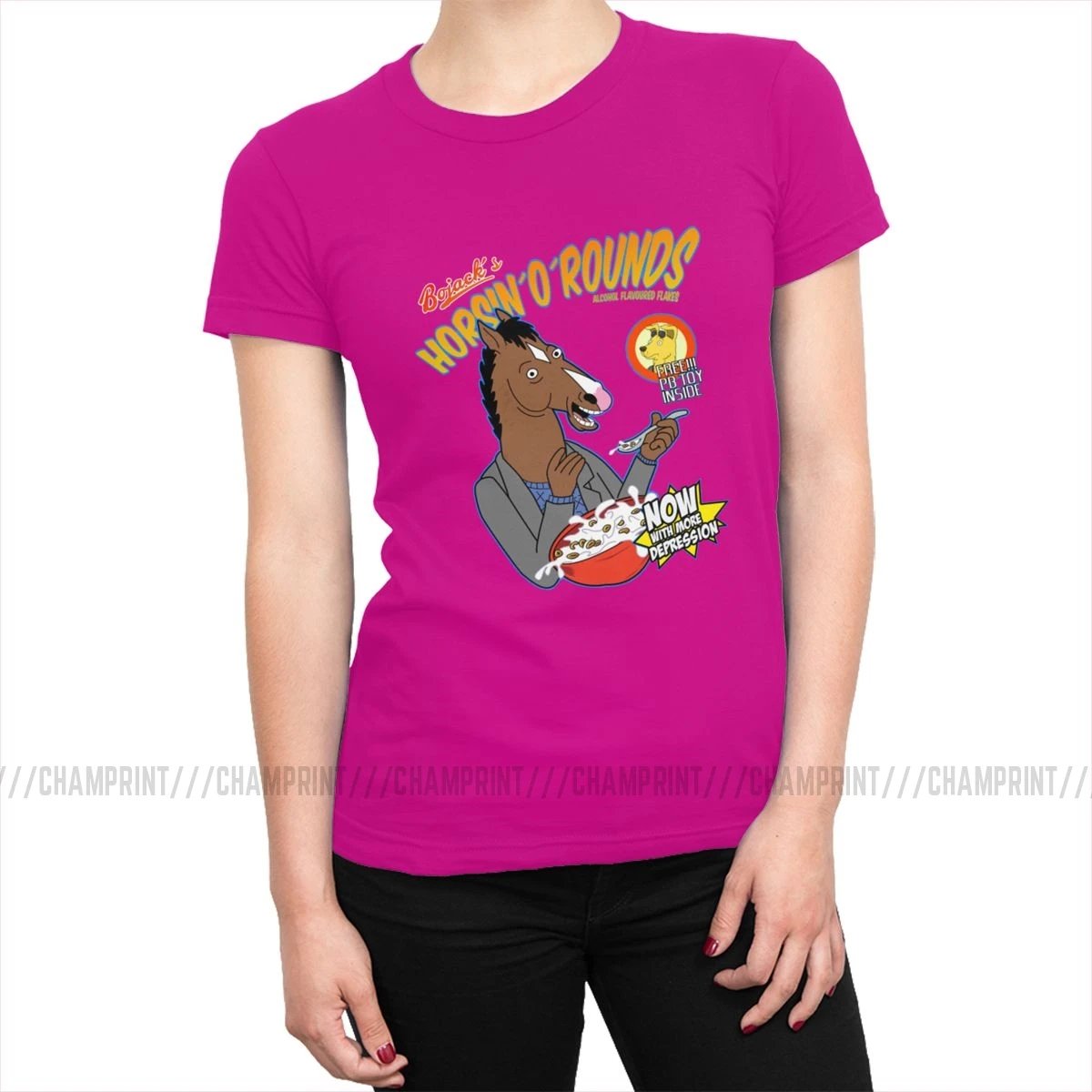 Женские футболки Bojack's cereal, Забавные футболки Bojack Horseman с рисунками из мультфильмов, модные хлопковые футболки, топ, базовая Женская одежда с графическим принтом - Цвет: Фуксия