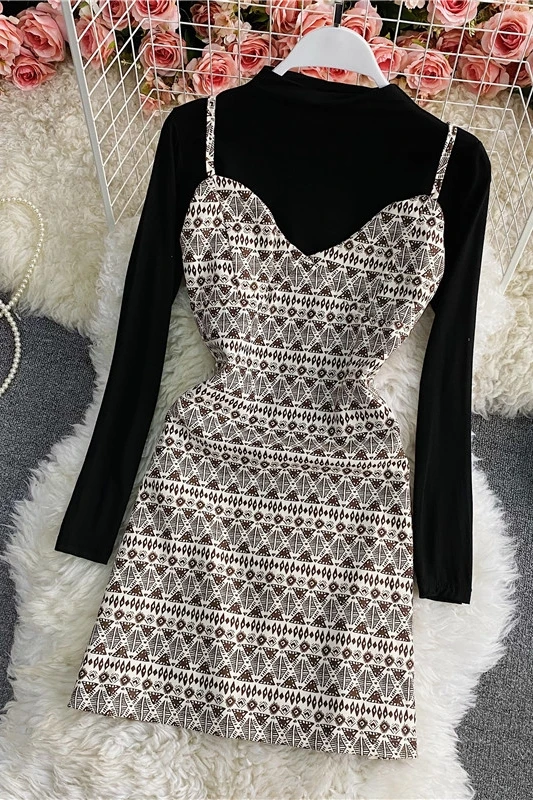 

2021 spring French half high neck slim slimming bottoming shirt two-piece retro light cooked style suspender dress