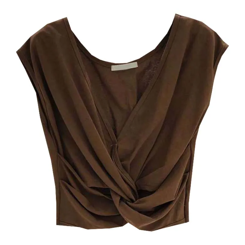 

2021 Spring and Summer New Fashion Loose Korean Dongdaemun Solid Color and V-neck Elegant Pleated Sleeveless Sweet Cool T-shirt