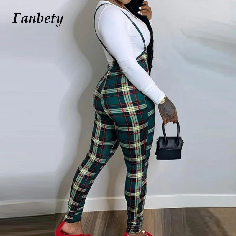 

2021 Fashion Plaid Print Spaghetti Strap Jumpsuit Women Sexy Slim Hip Package Pencil Pants Spring Autumn Elegant Ladies Rompers