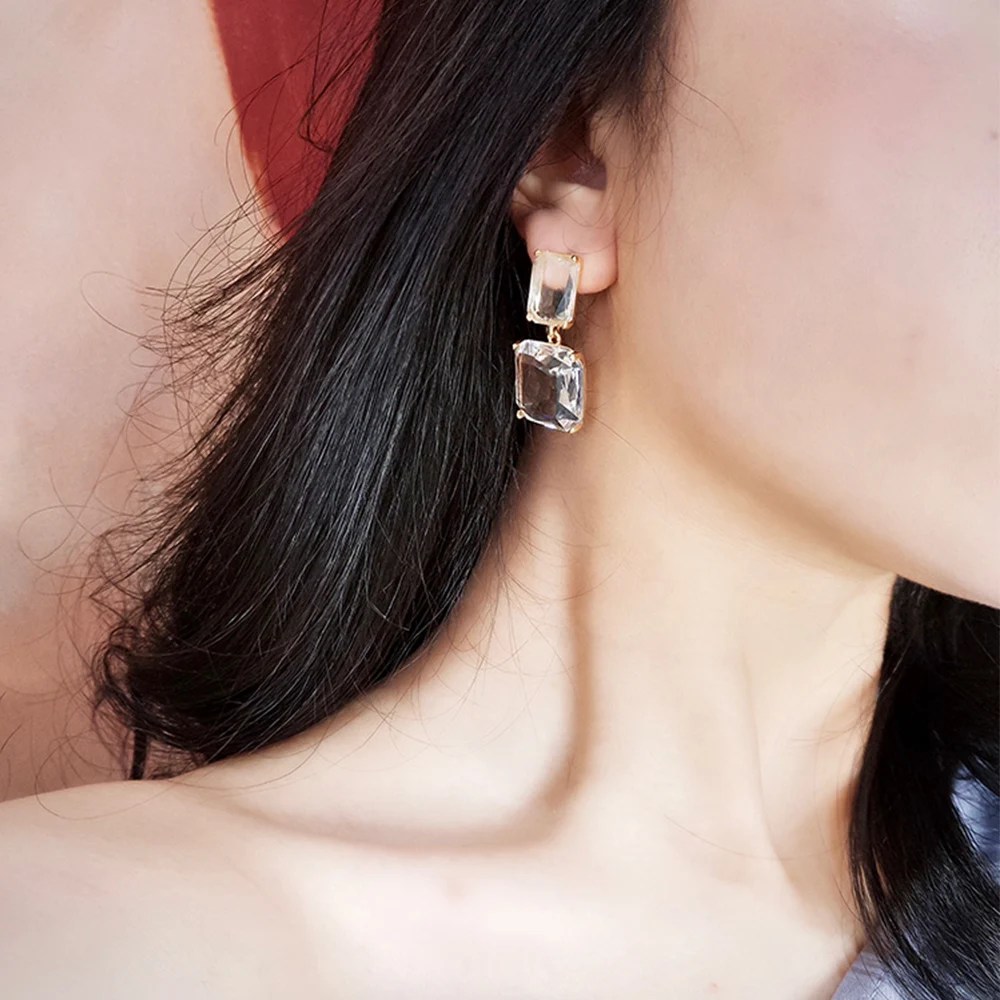 Топ корейские серьги Серебристые геометрические прозрачные квадратные