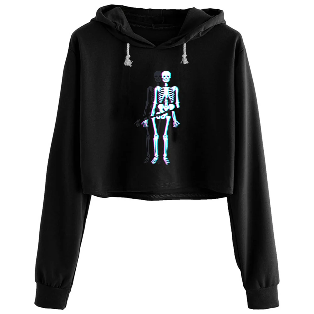 

Spooky Skeleton Vaporwave Aesthetic Crop Hoodies Women Kawaii Goth Grunge Harajuku Pullover For Girls