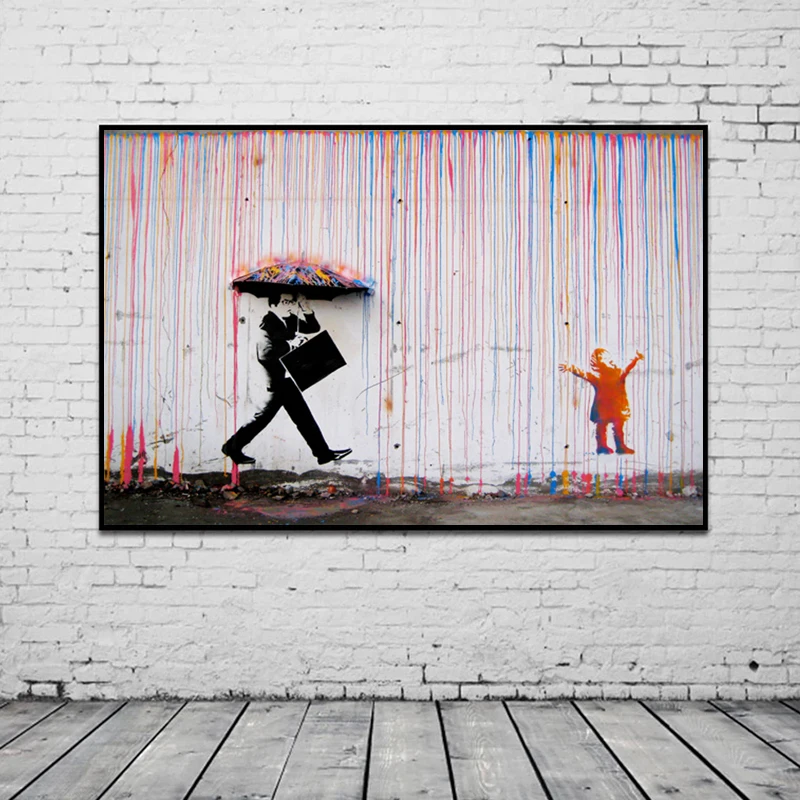 Бэнкси искусство ходьба по дождю Улица граффити настенное холст картины постеры