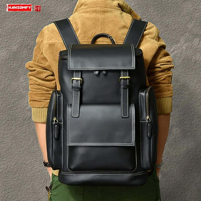 

Retro Black Genuine Leather Men Backpack, 17 Inch Laptop Bag Trendy Everyday Style Large-capacity Travel Backpacks Schoolbags